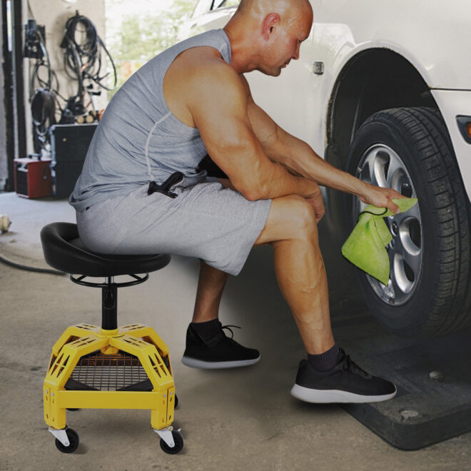 VEVOR Rolling Garage Stool, 300LBS Capacity, Adjustable Height from 24 in to 28.7 in, Mechanic Seat with 360-degree Swivel Wheels and Tool Tray, for Workshop, Auto Repair Shop, Yellow - Image 8