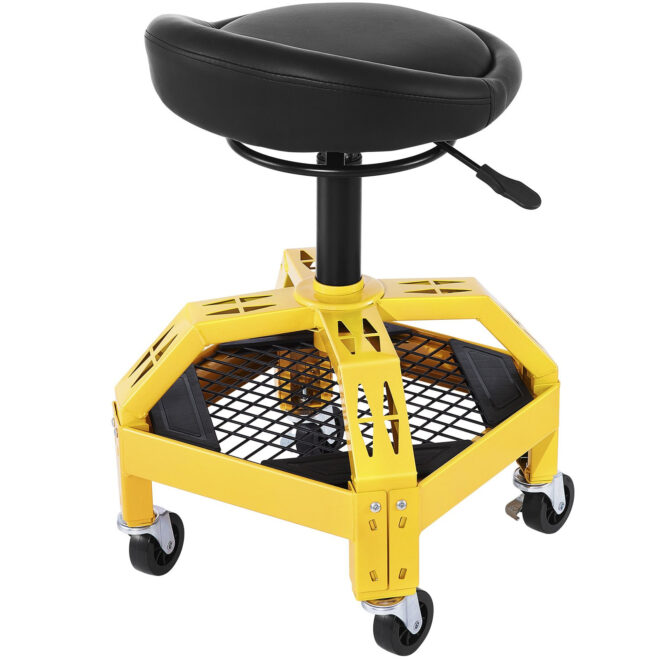 VEVOR Rolling Garage Stool, 300LBS Capacity, Adjustable Height from 24 in to 28.7 in, Mechanic Seat with 360-degree Swivel Wheels and Tool Tray, for Workshop, Auto Repair Shop, Yellow - Image 10