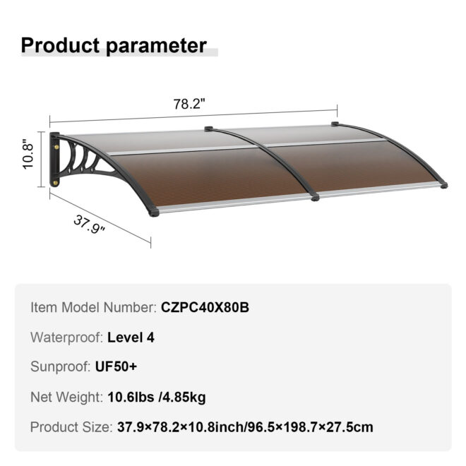 Window Door Awning Canopy 80" x 40", UPF 50+ Polycarbonate - Image 7