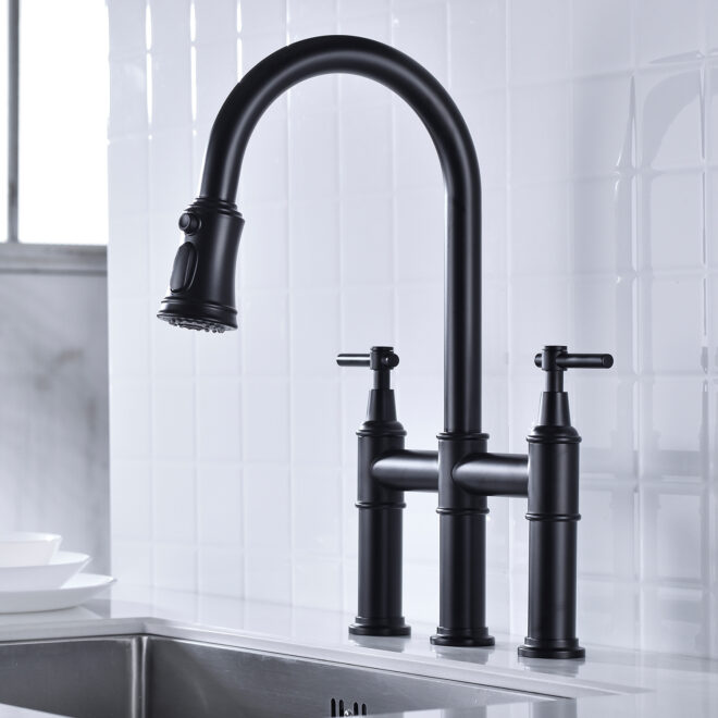 Bridge Kitchen Faucet with Pull-Down Sprayhead in Spot - Image 5