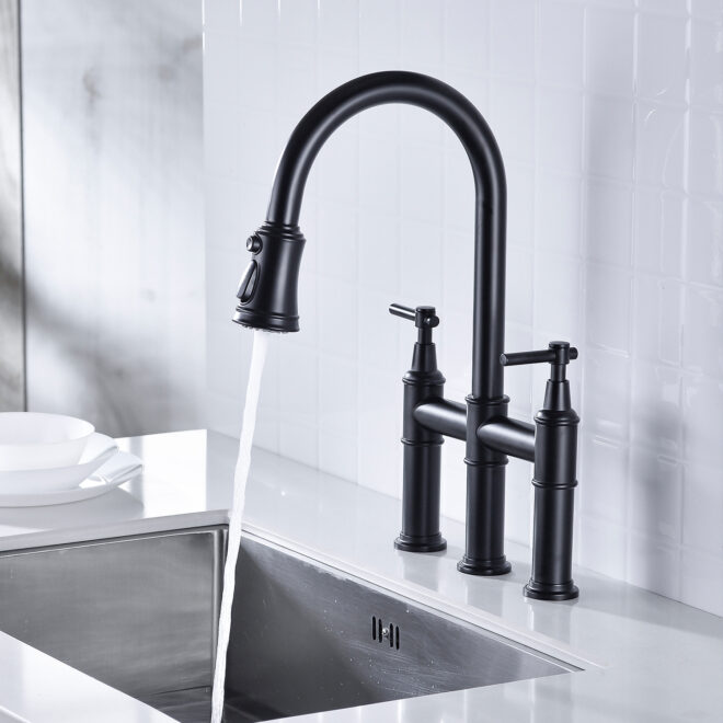 Bridge Kitchen Faucet with Pull-Down Sprayhead in Spot - Image 9