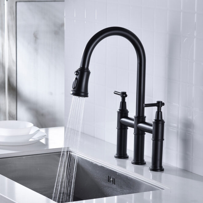 Bridge Kitchen Faucet with Pull-Down Sprayhead in Spot - Image 10