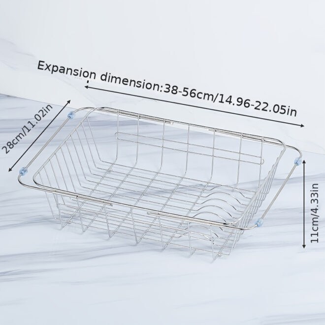 1pc Drain Rack; Drain Basket; Stainless Steel Kitchen Basket; Home Utensil Holder; Sink Basket; Retractable Sink Rack Suitable For Rectangular Sink Bowl Plate Organizer Storage - Image 4