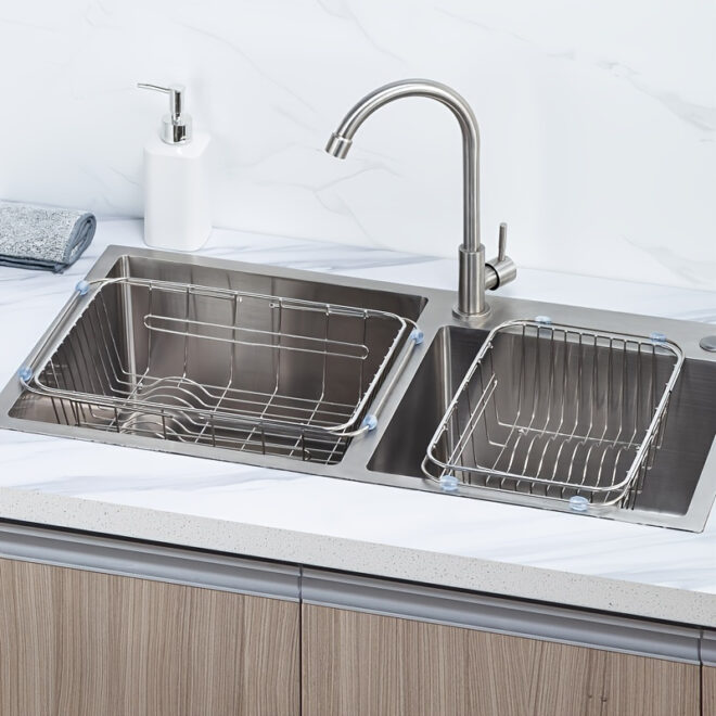 1pc Drain Rack; Drain Basket; Stainless Steel Kitchen Basket; Home Utensil Holder; Sink Basket; Retractable Sink Rack Suitable For Rectangular Sink Bowl Plate Organizer Storage - Image 6
