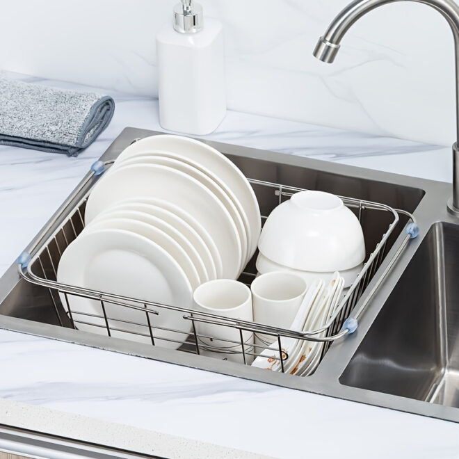 1pc Drain Rack; Drain Basket; Stainless Steel Kitchen Basket; Home Utensil Holder; Sink Basket; Retractable Sink Rack Suitable For Rectangular Sink Bowl Plate Organizer Storage - Image 9
