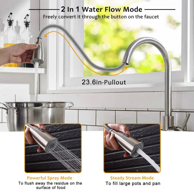 Kitchen Faucets Single Handle Kitchen Sink Faucet Brushed Nickel Stainless Steel Pulldown Head Faucet - Image 3