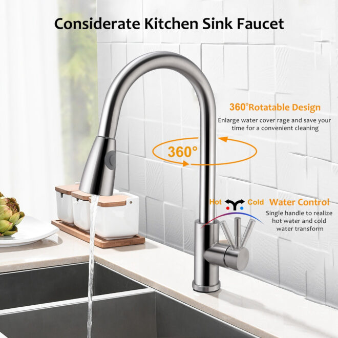 Kitchen Faucets Single Handle Kitchen Sink Faucet Brushed Nickel Stainless Steel Pulldown Head Faucet - Image 4