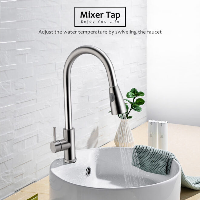 Kitchen Faucets Single Handle Kitchen Sink Faucet Brushed Nickel Stainless Steel Pulldown Head Faucet - Image 5