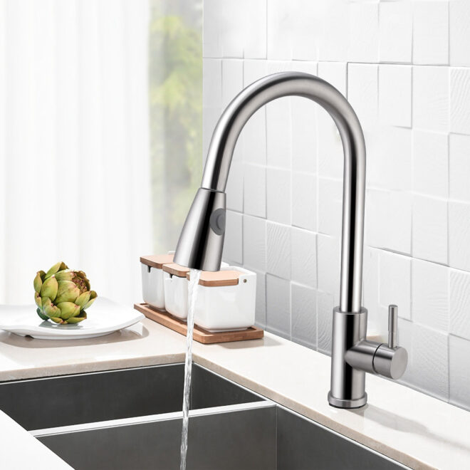 Kitchen Faucets Single Handle Kitchen Sink Faucet Brushed Nickel Stainless Steel Pulldown Head Faucet - Image 6