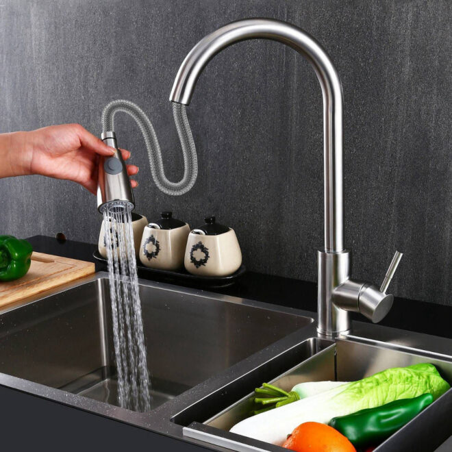 Kitchen Faucets Single Handle Kitchen Sink Faucet Brushed Nickel Stainless Steel Pulldown Head Faucet - Image 8