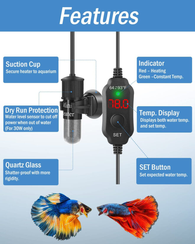 Adjustable 10/20/30W Small Aquarium Heater Submersible Fish Tank Heater Betta Heater Turtle Heater Super Mini Aquarium Heater with Digital Display Thermostat, for 1-6 Gallon Tanks - Image 3