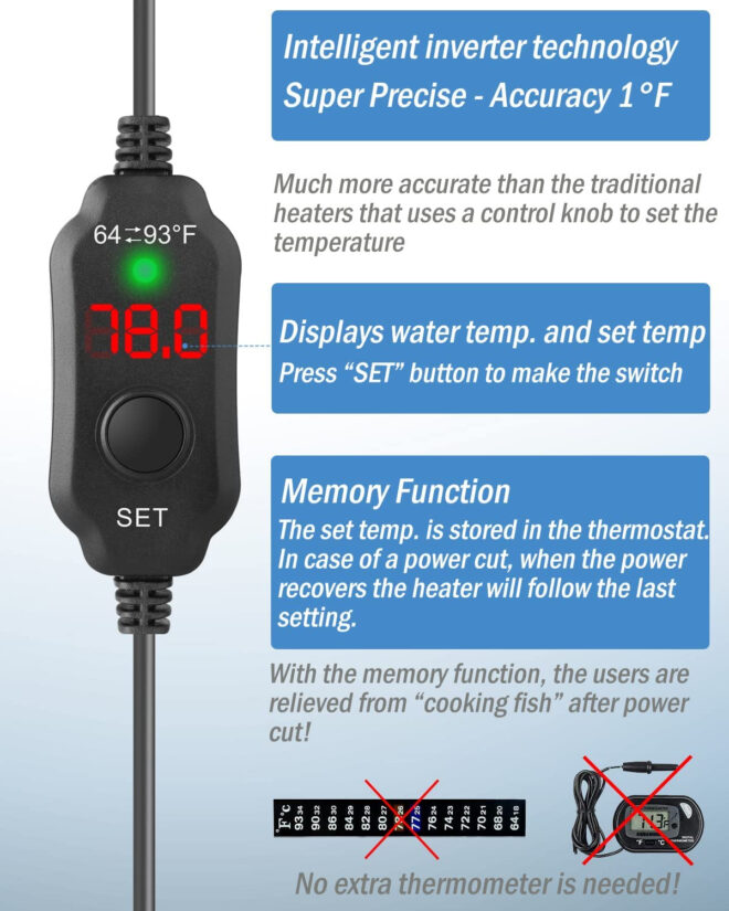 Adjustable 10/20/30W Small Aquarium Heater Submersible Fish Tank Heater Betta Heater Turtle Heater Super Mini Aquarium Heater with Digital Display Thermostat, for 1-6 Gallon Tanks - Image 5