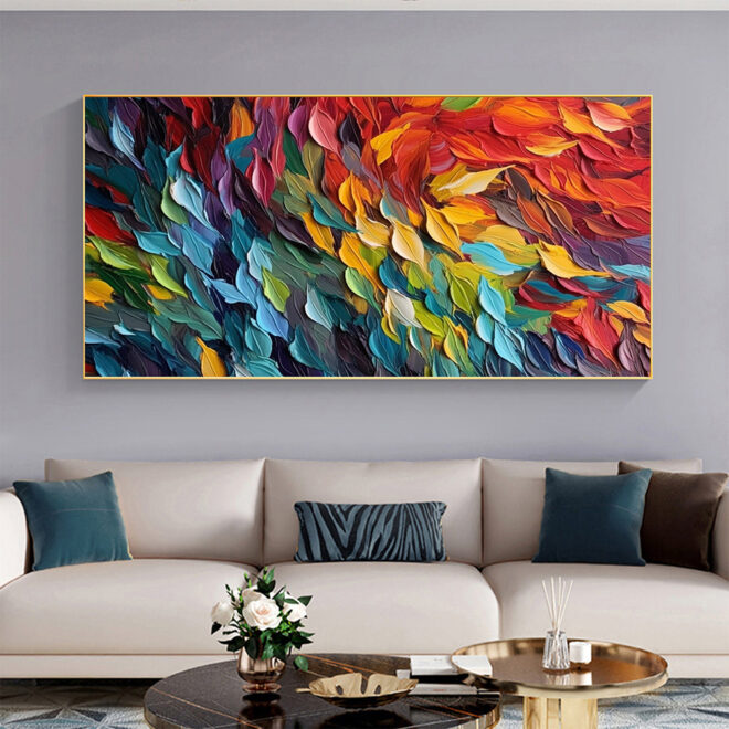 Handmade Oil Painting Original Colorful Feathers Oil Painting On Canvas Large Wall Art Abstract Colorful Painting Custom Painting Living room Home Wall Decorative Painting - Image 2