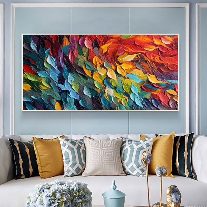 Handmade Oil Painting Original Colorful Feathers Oil Painting On Canvas Large Wall Art Abstract Colorful Painting Custom Painting Living room Home Wall Decorative Painting - Image 3