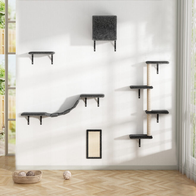 5 Pcs Wall Mounted Cat Climber Set;  Floating Cat Shelves and Perches;  Cat Activity Tree with Scratching Posts;  Modern Cat Furniture - Image 28
