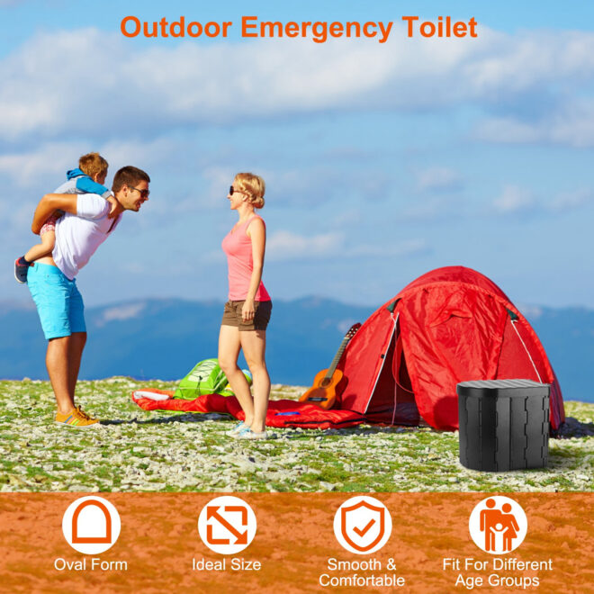 Foldable Emergency Toilet Portable Porta Potty for Car Travel Camping Boating Hiking Cleanable Travel Commode with Lid Carry Bag 1 Roll Garbage Bags - Image 2