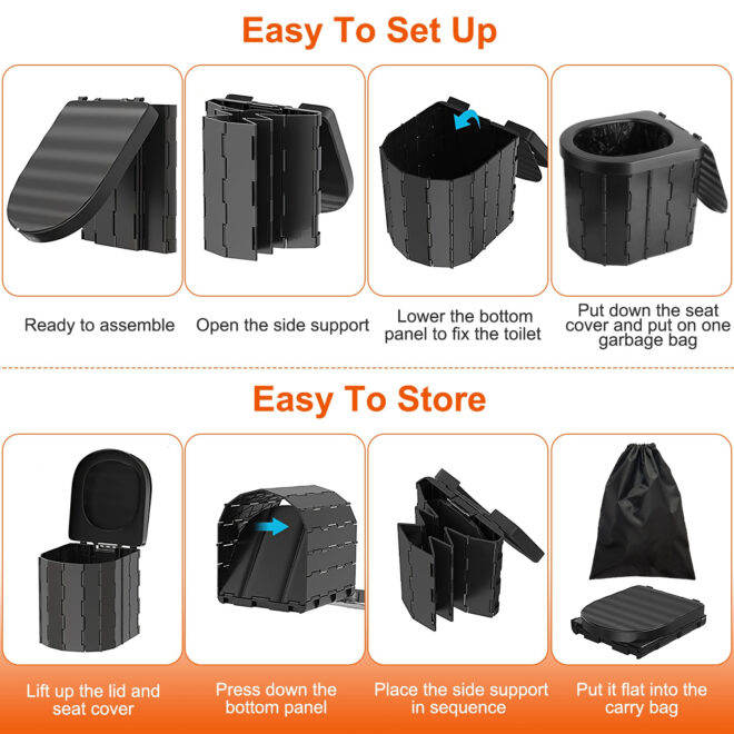 Foldable Emergency Toilet Portable Porta Potty for Car Travel Camping Boating Hiking Cleanable Travel Commode with Lid Carry Bag 1 Roll Garbage Bags - Image 3