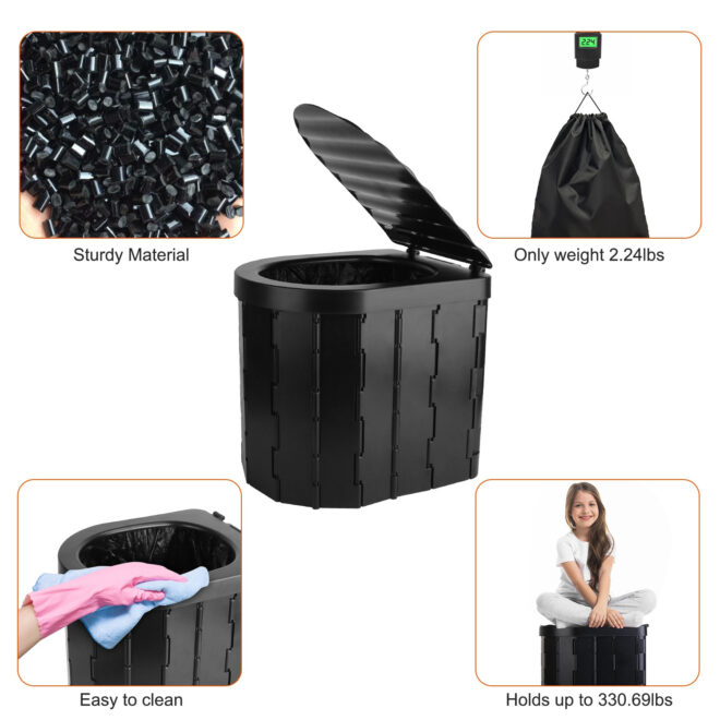 Foldable Emergency Toilet Portable Porta Potty for Car Travel Camping Boating Hiking Cleanable Travel Commode with Lid Carry Bag 1 Roll Garbage Bags - Image 4