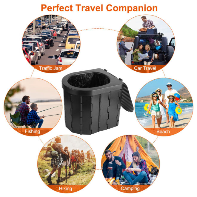 Foldable Emergency Toilet Portable Porta Potty for Car Travel Camping Boating Hiking Cleanable Travel Commode with Lid Carry Bag 1 Roll Garbage Bags - Image 5