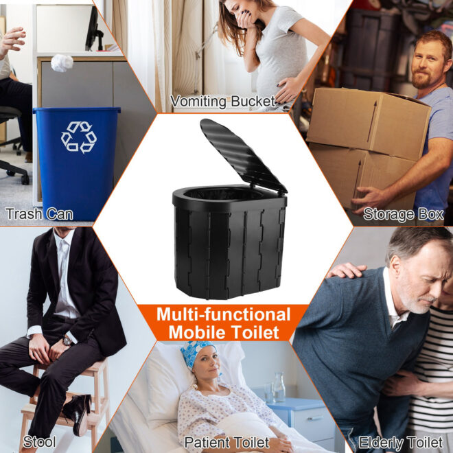 Foldable Emergency Toilet Portable Porta Potty for Car Travel Camping Boating Hiking Cleanable Travel Commode with Lid Carry Bag 1 Roll Garbage Bags - Image 6