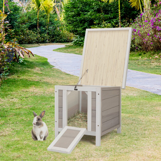 Modern Wooden Rabbit Cat Dog Hutch, Indoor/Outdoor Retreat House with Openable Roof for Small Pets, Weatherproof, Gray - Image 2