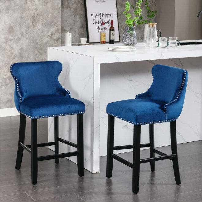 A&A Furniture,Contemporary Velvet Upholstered Wing-Back Barstools with Button Tufted Decoration and Wooden Legs, and Chrome Nailhead Trim, Leisure Style Bar Chairs,Bar stools,Set of 2 (Blue),SW1824BL - Image 14