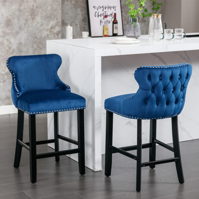 A&A Furniture,Contemporary Velvet Upholstered Wing-Back Barstools with Button Tufted Decoration and Wooden Legs, and Chrome Nailhead Trim, Leisure Style Bar Chairs,Bar stools,Set of 2 (Blue),SW1824BL
