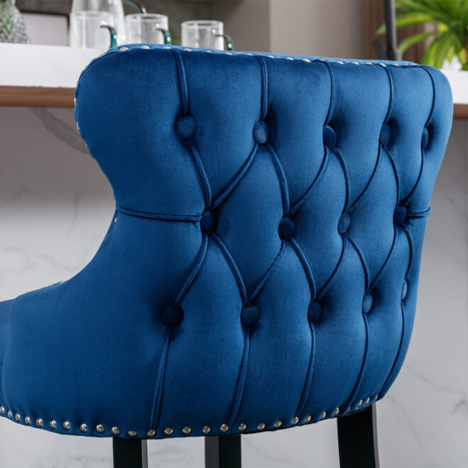 A&A Furniture,Contemporary Velvet Upholstered Wing-Back Barstools with Button Tufted Decoration and Wooden Legs, and Chrome Nailhead Trim, Leisure Style Bar Chairs,Bar stools,Set of 2 (Blue),SW1824BL - Image 9