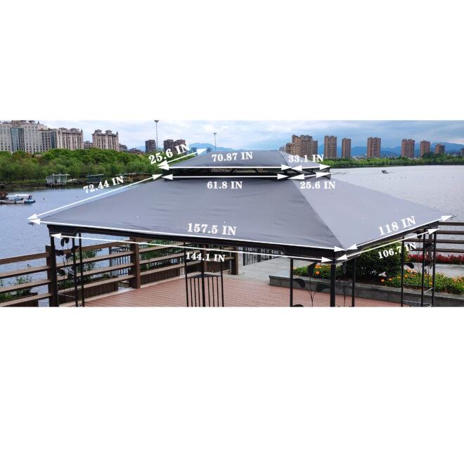 13x10 Ft Patio Double Roof Gazebo Replacement Canopy Top Fabric, Gray - Image 7