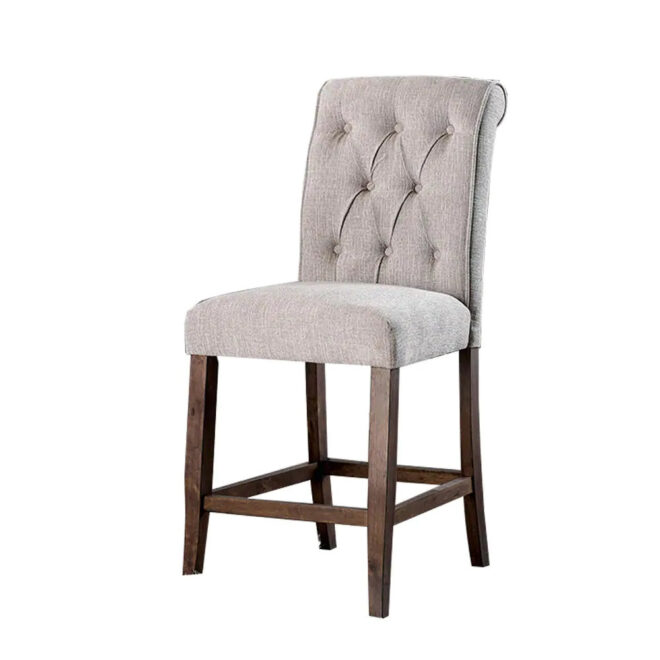 Dining Room Furniture Rustic Style Set of 2 Counter Height Chairs Beige Rustic Oak Legs Chenille Fabric Upholstered Tufted Kitchen Breakfast - Image 2