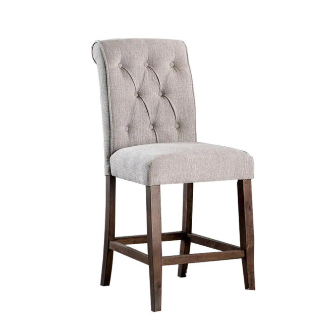 Dining Room Furniture Rustic Style Set of 2 Counter Height Chairs Beige Rustic Oak Legs Chenille Fabric Upholstered Tufted Kitchen Breakfast - Image 3