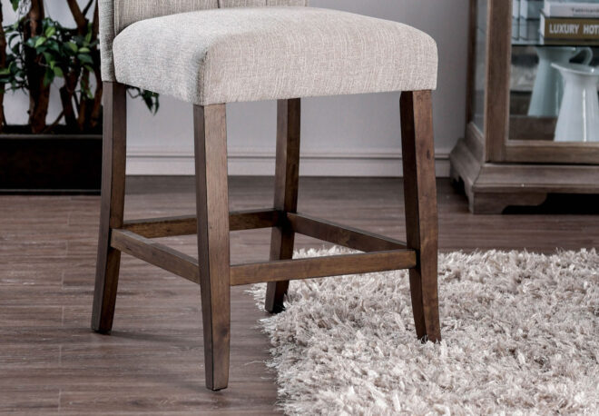 Dining Room Furniture Rustic Style Set of 2 Counter Height Chairs Beige Rustic Oak Legs Chenille Fabric Upholstered Tufted Kitchen Breakfast - Image 5
