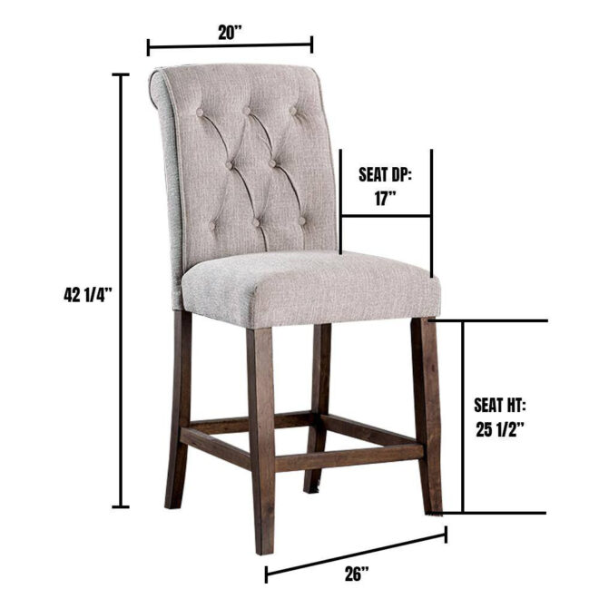 Dining Room Furniture Rustic Style Set of 2 Counter Height Chairs Beige Rustic Oak Legs Chenille Fabric Upholstered Tufted Kitchen Breakfast - Image 6