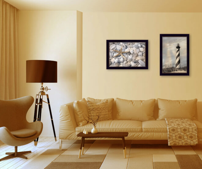 "Cape Hatteras Lighthouse and Sea Shells Collection" 2-Piece Vignette By Lori Deiter, Printed Wall Art, Ready To Hang Framed Poster, Black Frame - Image 2