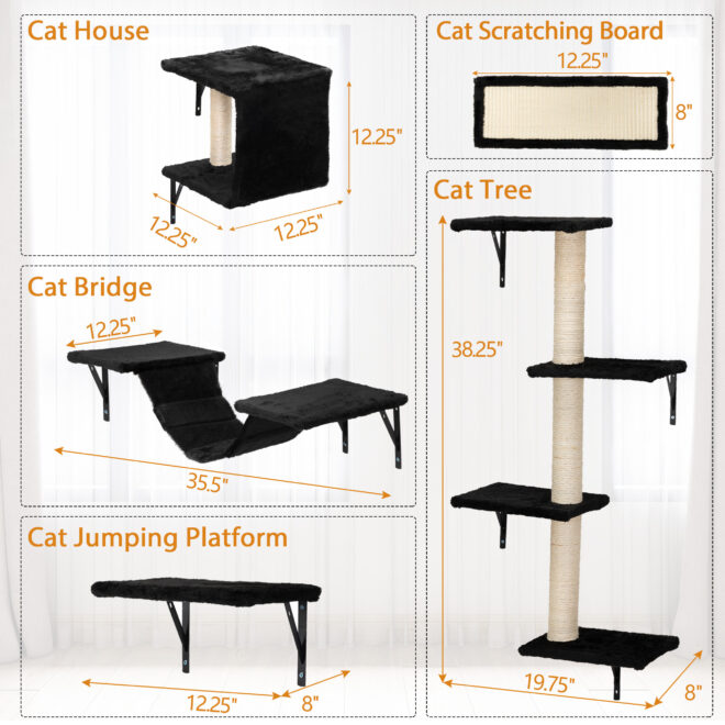 5 Pcs Wall Mounted Cat Climber Set;  Floating Cat Shelves and Perches;  Cat Activity Tree with Scratching Posts;  Modern Cat Furniture - Image 16