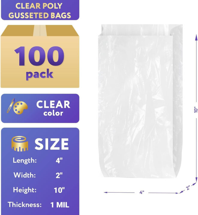Pack of 100 Clear Gusseted Poly Bags 4 x 2 x 10 Clear Polyethylene Bags 4x2x10 Expandable Side Gusset Bags Open Thickness 1 Mil Ended Bags for Food Service Industrial Health Needs; Wholesale Price - Image 2