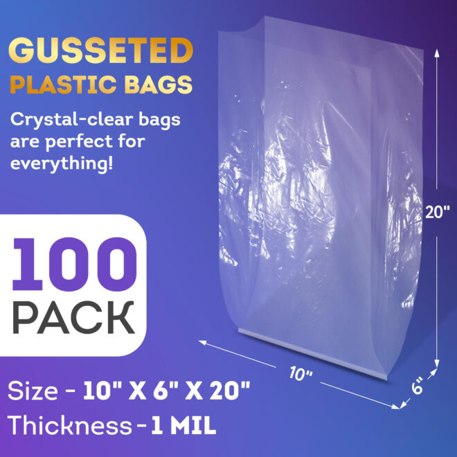 Clear Gusseted Poly Bags, 10 x 6 x 20 Inch. Pack of 100 Gusseted Plastic Bags 1 Mil Thick for Favors with Open Top. Clear Plastic Bags for Packaging Cookies, Popcorn, Candies, Homemade Bread - Image 2