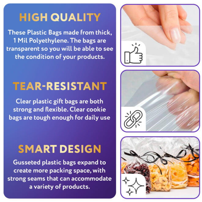 Clear Gusseted Poly Bags, 10 x 6 x 20 Inch. Pack of 100 Gusseted Plastic Bags 1 Mil Thick for Favors with Open Top. Clear Plastic Bags for Packaging Cookies, Popcorn, Candies, Homemade Bread - Image 3