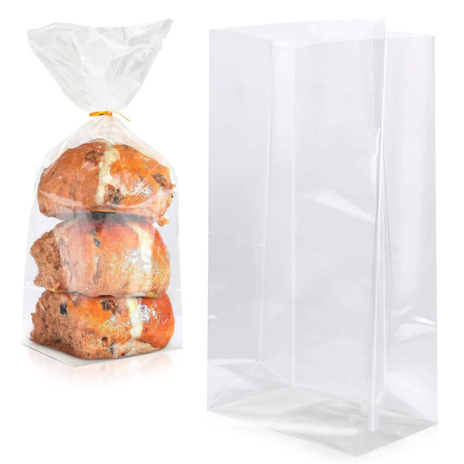 Clear Gusseted Poly Bags, 10 x 6 x 20 Inch. Pack of 100 Gusseted Plastic Bags 1 Mil Thick for Favors with Open Top. Clear Plastic Bags for Packaging Cookies, Popcorn, Candies, Homemade Bread