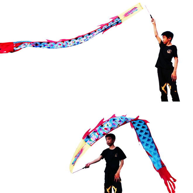 3 Meters (9.8 FT) Golden Scale Silk Dragon POI Outdoor Flinging Wind Spinners & Fitness Dragon Dance Wu Long 3D dragon Ribbon Streamer with Fiberglass Handstick + Travel Bag! - Image 5