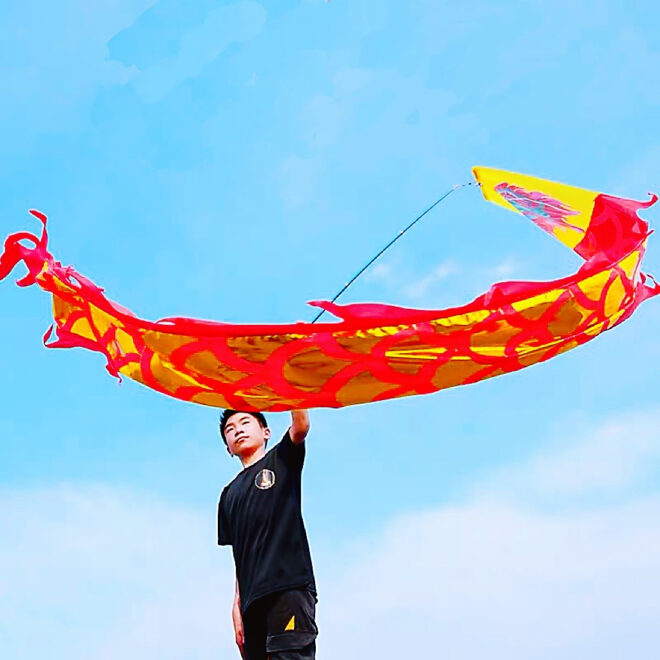 3 Meters (9.8 FT) Golden Scale Silk Dragon POI Outdoor Flinging Wind Spinners & Fitness Dragon Dance Wu Long 3D dragon Ribbon Streamer with Fiberglass Handstick + Travel Bag! - Image 6