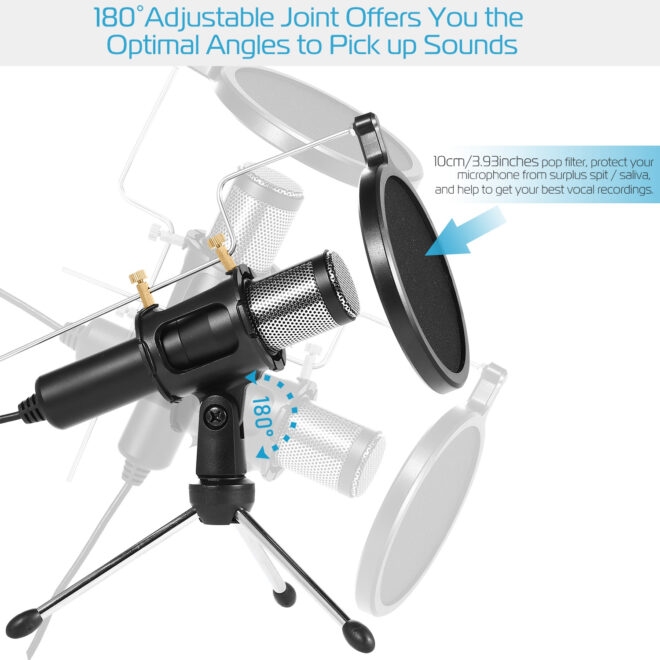 Professional Condenser Microphone Studio Recording Cardioid Microphone w/180 Degree Tripods Pop Filter - Image 2