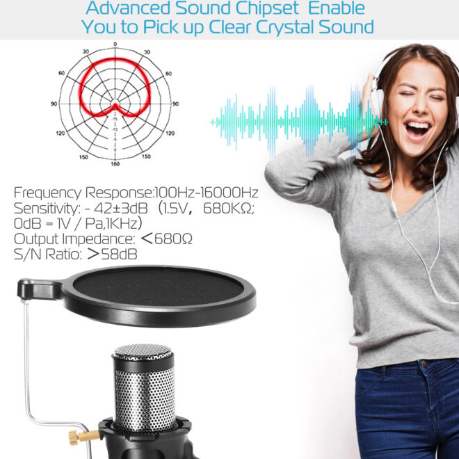 Professional Condenser Microphone Studio Recording Cardioid Microphone w/180 Degree Tripods Pop Filter - Image 3