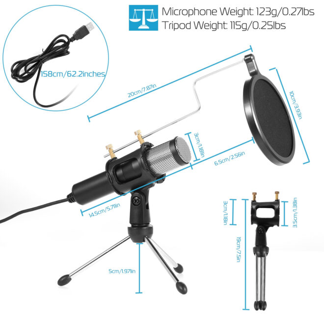Professional Condenser Microphone Studio Recording Cardioid Microphone w/180 Degree Tripods Pop Filter - Image 6