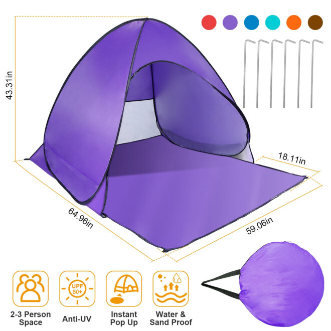 Pop Up Beach Tent Sun Shade Shelter Anti-UV Automatic Waterproof Tent Canopy for 2/3 Man w/ Net Window Storage Bag - Image 36