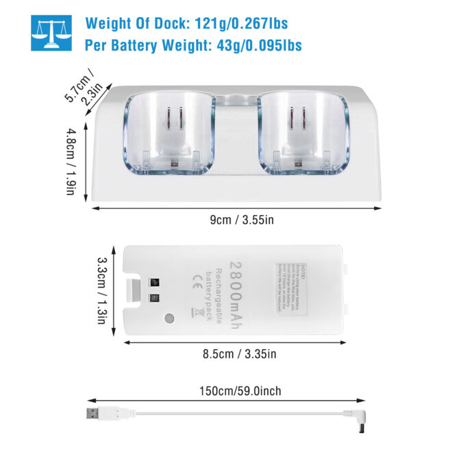 For Wii Remote Controller Charger Dual Charge Dock with Two 2800mAh Rechargeable Batteries - Image 9