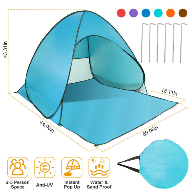 Pop Up Beach Tent Sun Shade Shelter Anti-UV Automatic Waterproof Tent Canopy for 2/3 Man w/ Net Window Storage Bag - Image 11