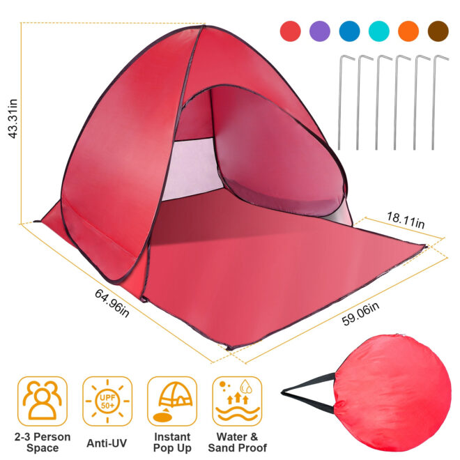 Pop Up Beach Tent Sun Shade Shelter Anti-UV Automatic Waterproof Tent Canopy for 2/3 Man w/ Net Window Storage Bag - Image 20