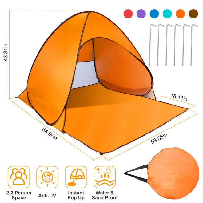Pop Up Beach Tent Sun Shade Shelter Anti-UV Automatic Waterproof Tent Canopy for 2/3 Man w/ Net Window Storage Bag - Image 29