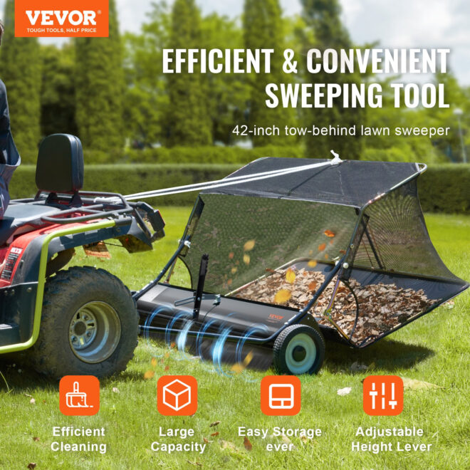 VEVOR 42 Inch Lawn Sweeper Tow Behind, 12 cu.ft. Large Pull Behind Grass Sweeper, Heavy Duty Leaf & Grass Collector with Dumping Rope Design, Adjustable Sweeping Height for Picking Up Debris & Grass - Image 2
